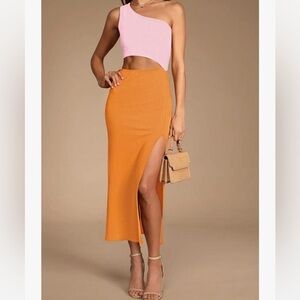 Two tone one shoulder cutout midi dress